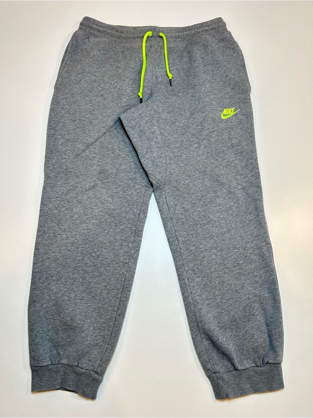Nike Cuffed Fleece Joggers Heather Grey Neon Volt Drawstring Pants